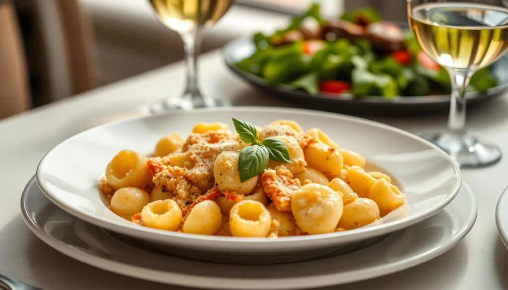 Gratin de gnocchi au four servi dans une assiette avec une salade verte en accompagnement