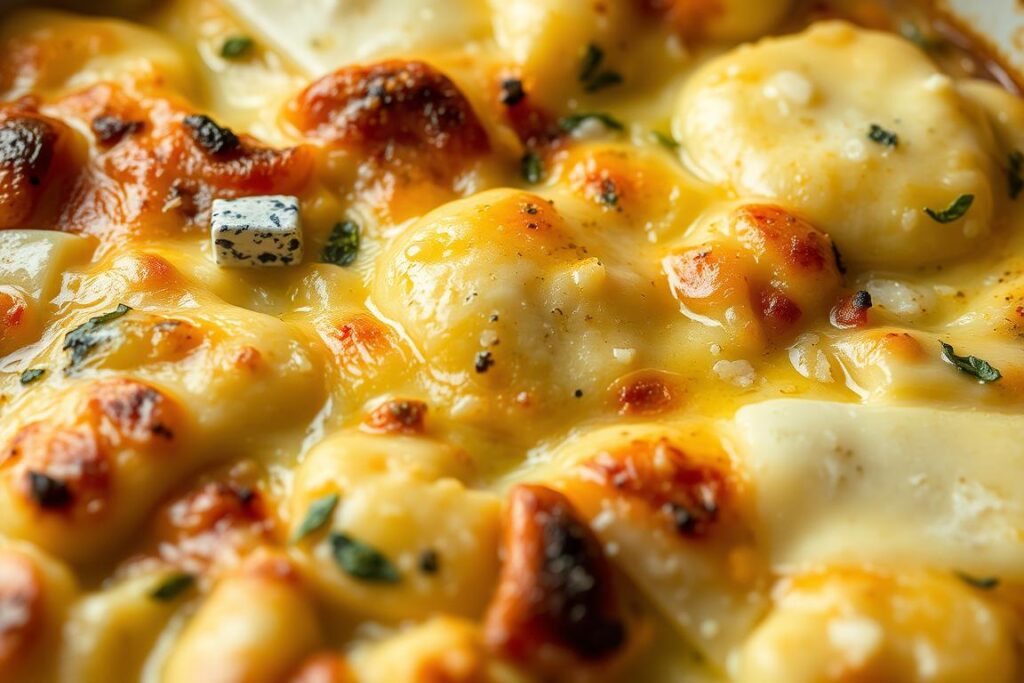 Gratin de gnocchi au four version fromagère avec différents types de fromages