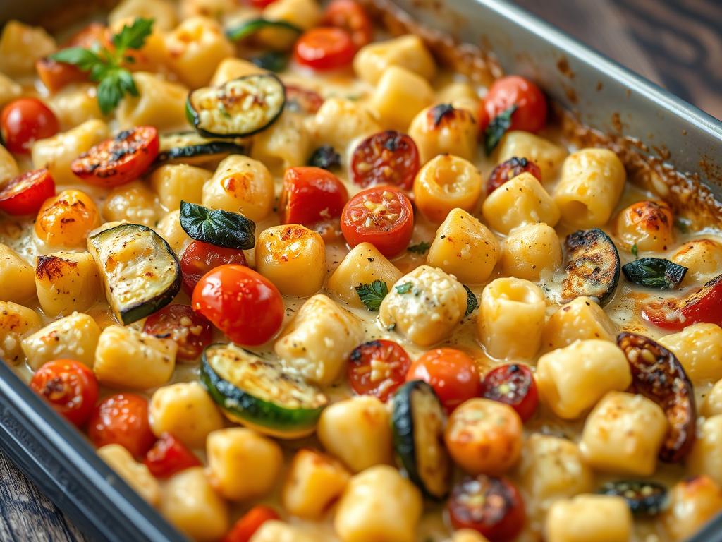 Gratin de gnocchi au fromage avec légumes grillés