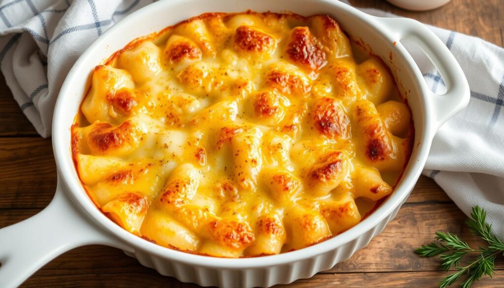 Gratin de gnocchi au fromage doré et fumant dans un plat à four en céramique