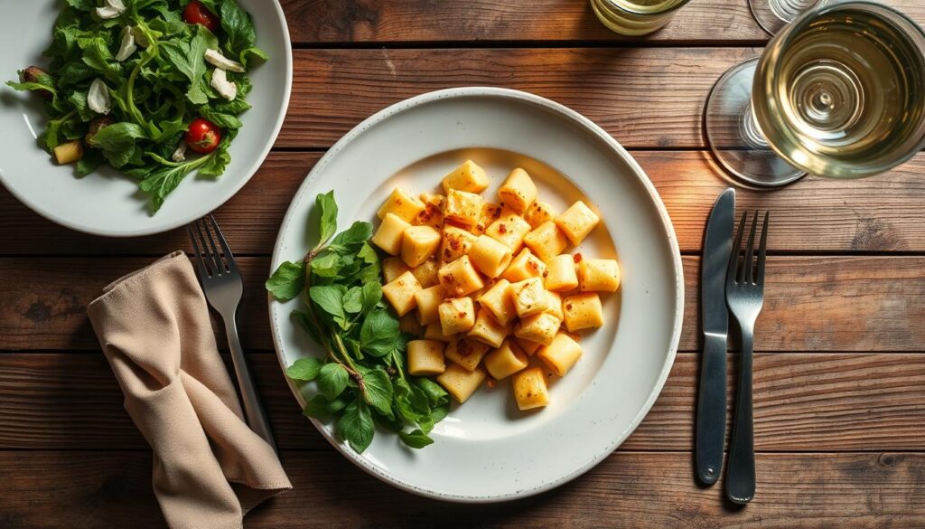 Gratin de gnocchi au fromage servi à table avec une salade verte