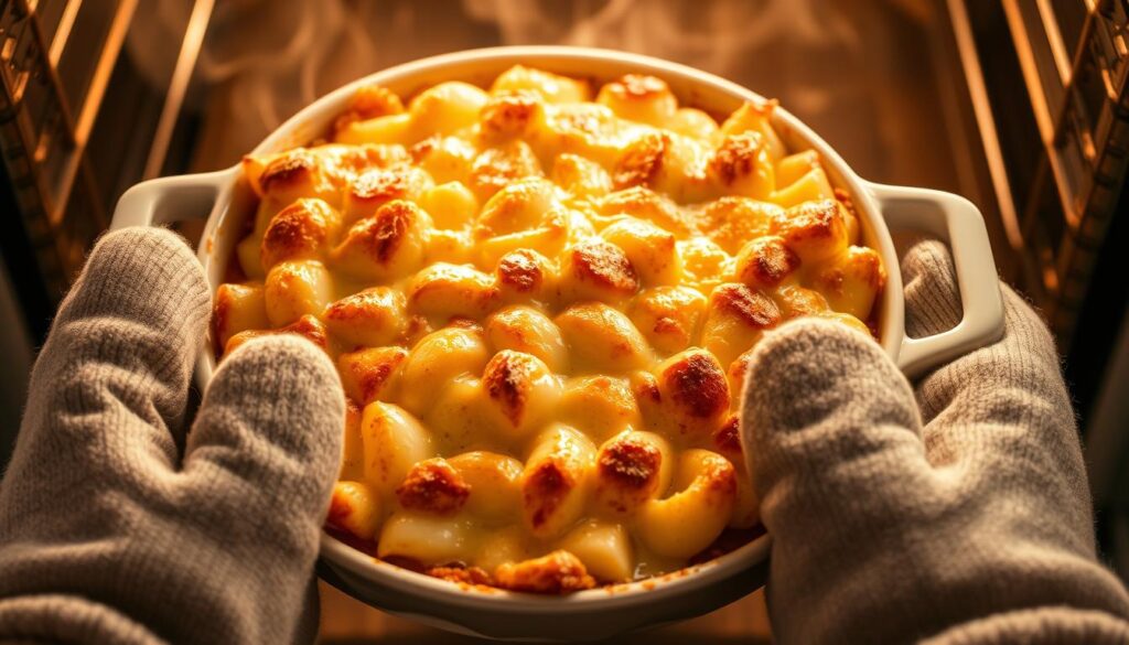 Gratin de gnocchi au fromage sortant du four, doré et bouillonnant