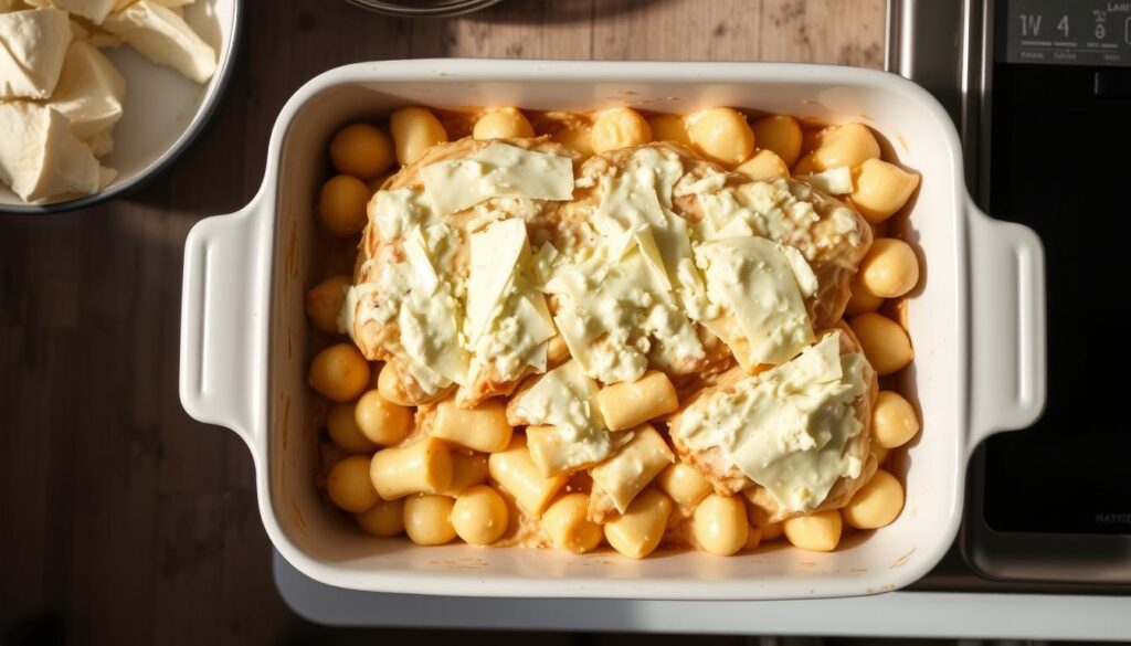 Gratin de gnocchi au poulet prêt à être enfourné