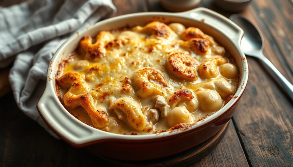 Gratin de gnocchi au poulet servi dans un plat à gratin, doré et fumant