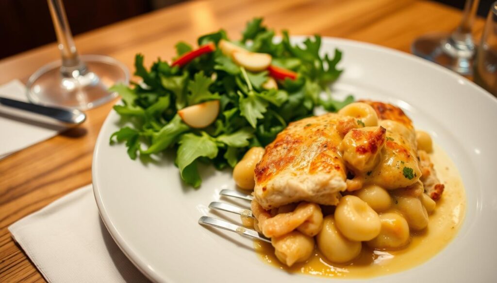 Gratin de gnocchi au poulet servi dans une assiette avec une salade verte