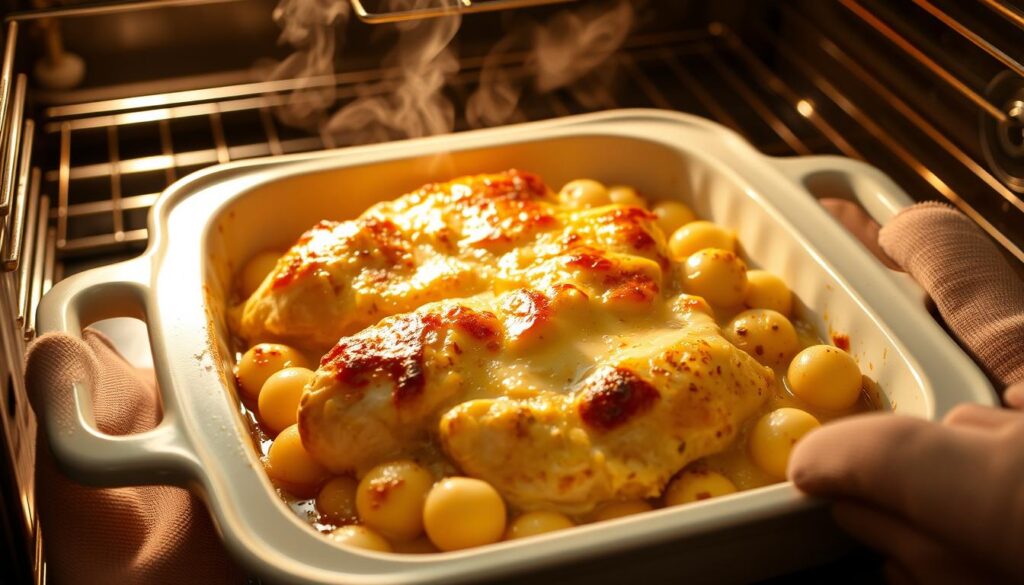 Gratin de gnocchi au poulet sortant du four, doré et fumant