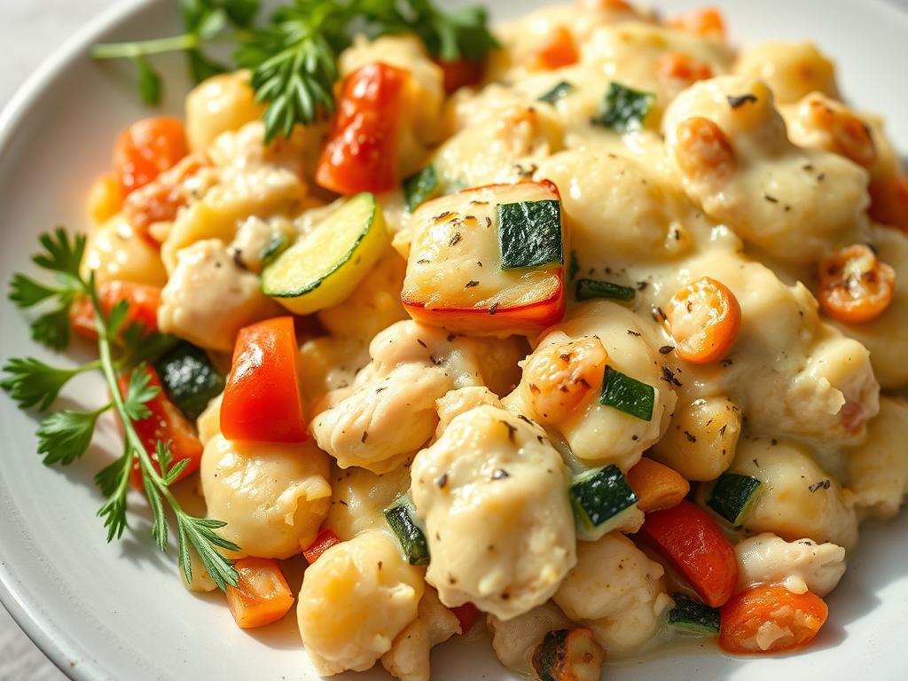 Gratin de gnocchi au poulet version allégée avec des légumes