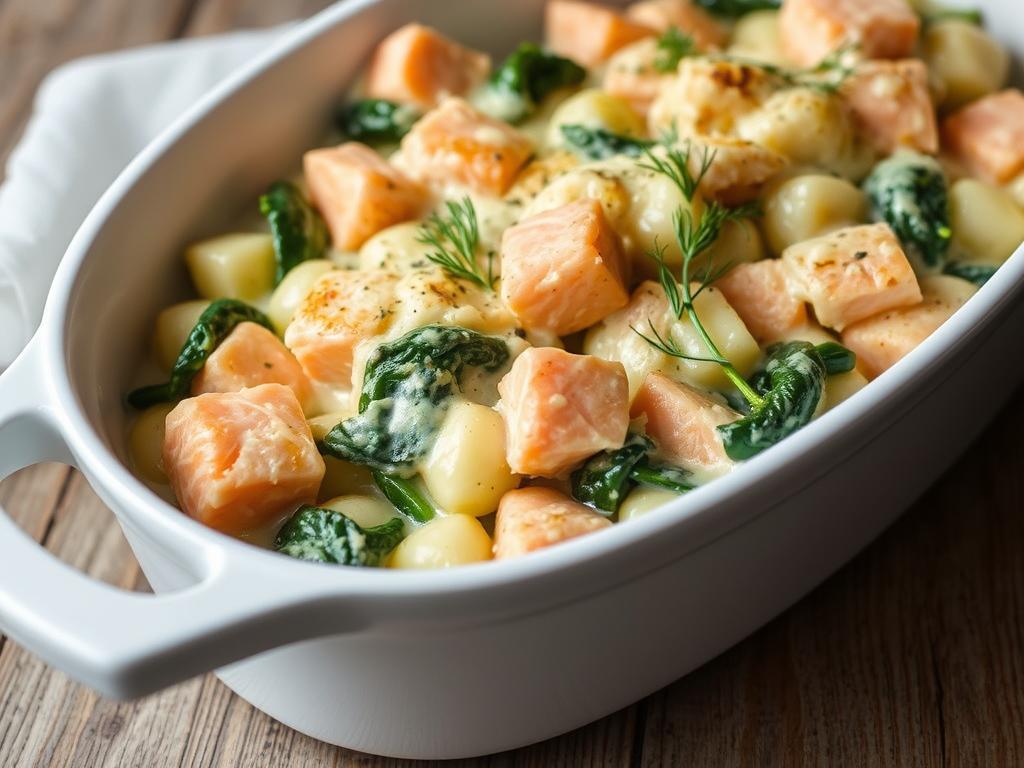 Gratin de gnocchi au saumon et épinards