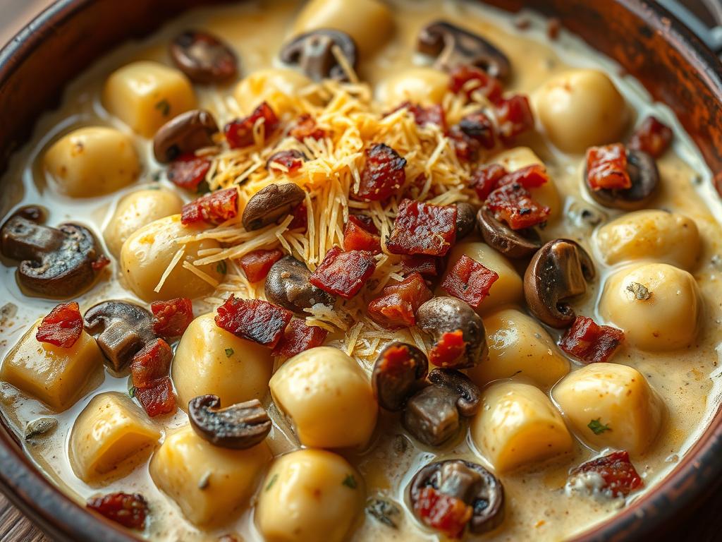 Gratin de gnocchi aux champignons et lardons