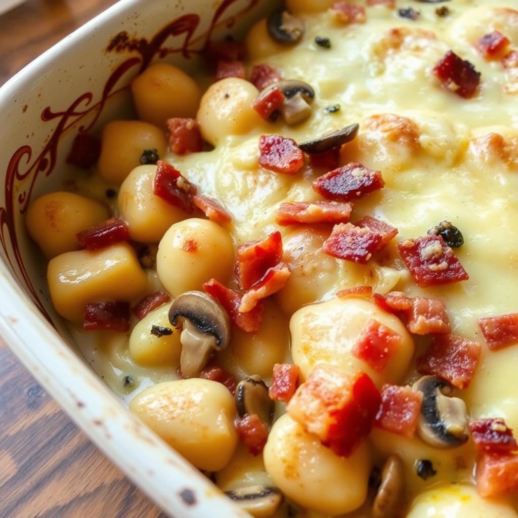 Gratin de gnocchi aux lardons et champignons