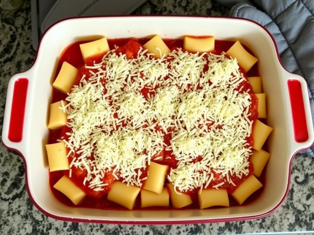 Gratin de gnocchi avant cuisson, avec sauce tomate et fromage