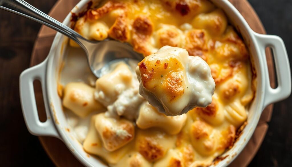 Gratin de gnocchi béchamel doré et fumant dans un plat à gratin