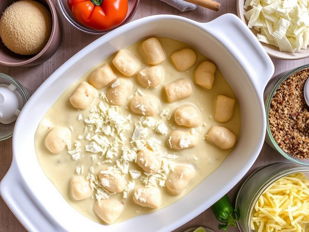 Gratin de gnocchi béchamel prêt à être enfourné