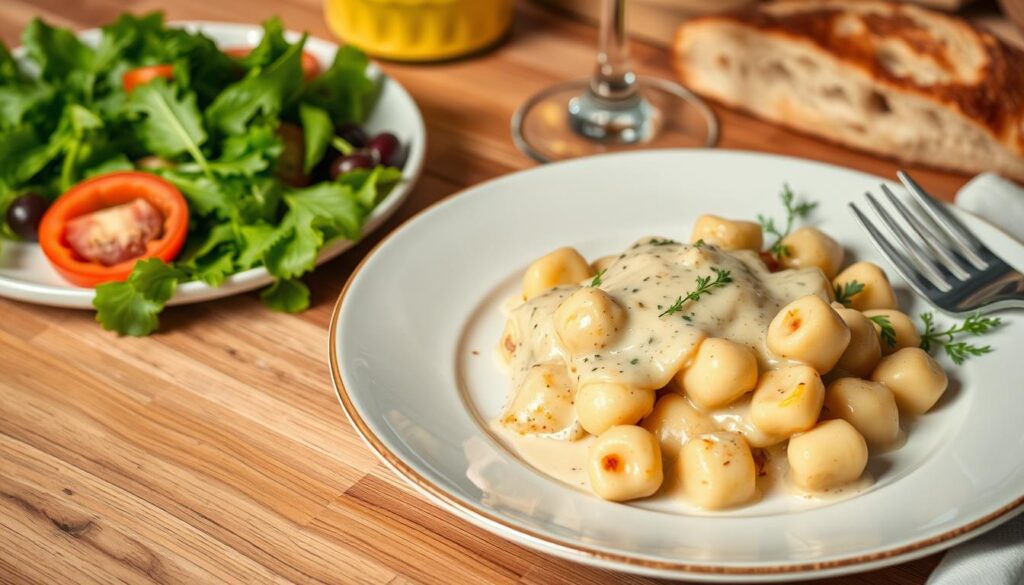 Gratin de gnocchi béchamel servi avec une salade verte