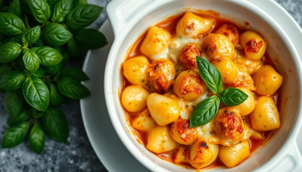 Gratin de gnocchi crémeux et doré sorti du four