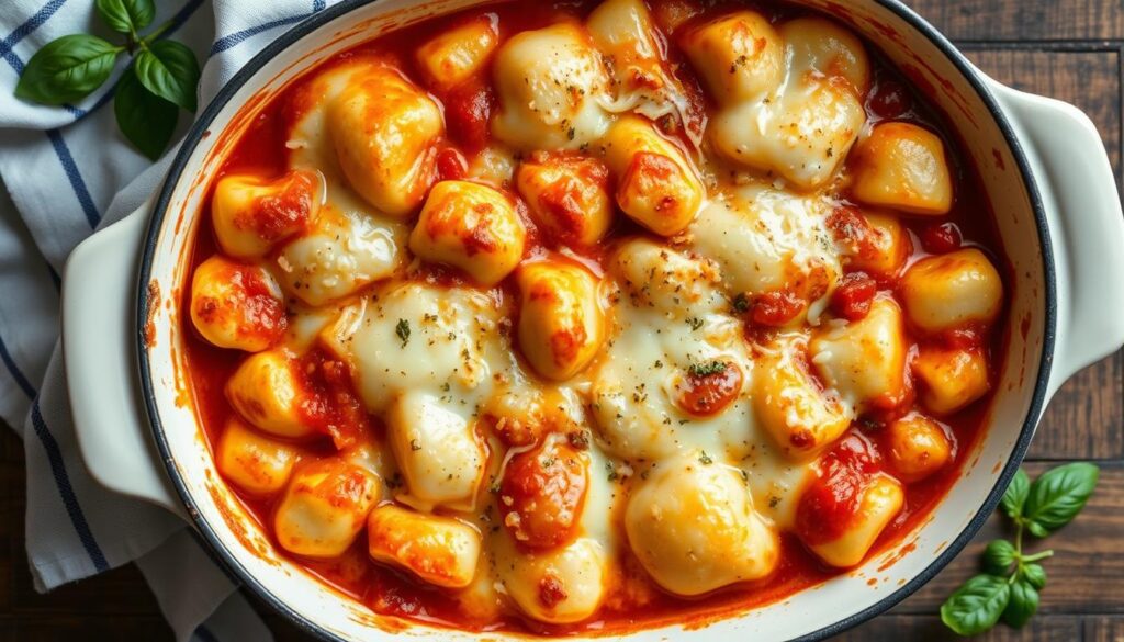 Gratin de gnocchi doré et fumant dans un plat à four