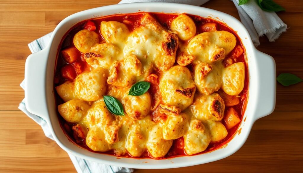 Gratin de gnocchi en sauce tomate avec du fromage fondu et gratiné, servi dans un plat à four