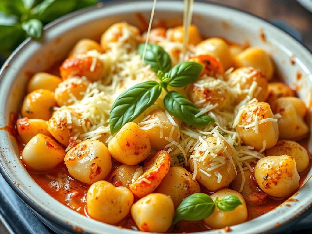 Gratin de gnocchi fini décoré de basilic frais
