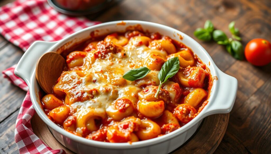 Gratin de gnocchi sauce tomate servi dans un plat à gratin, avec du fromage fondu doré sur le dessus