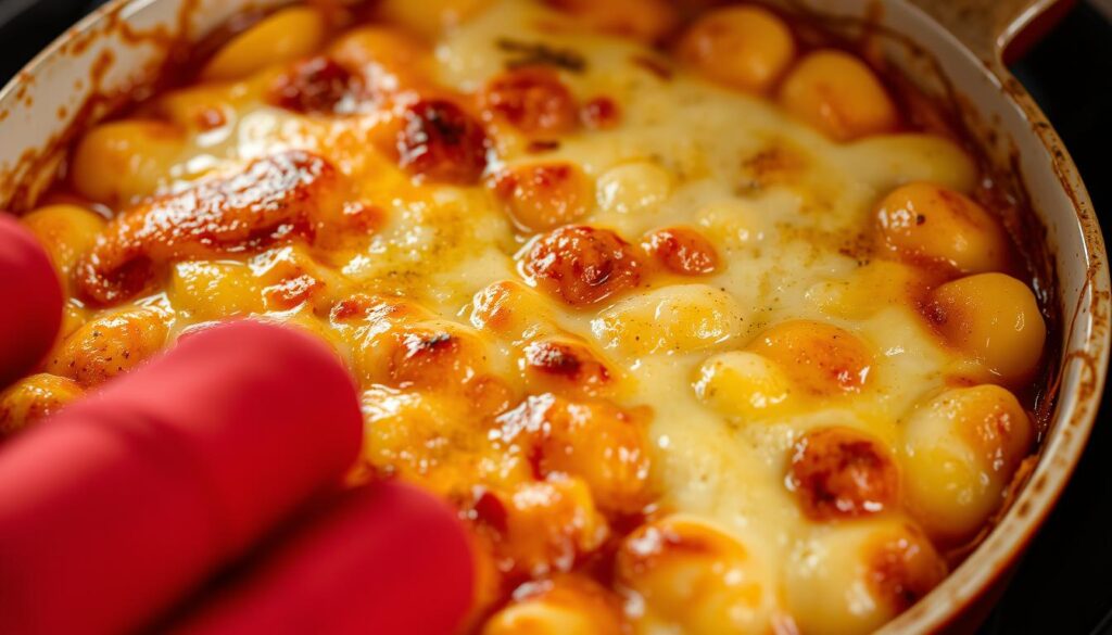Gratin de gnocchi sauce tomate sortant du four avec un fromage parfaitement gratiné
