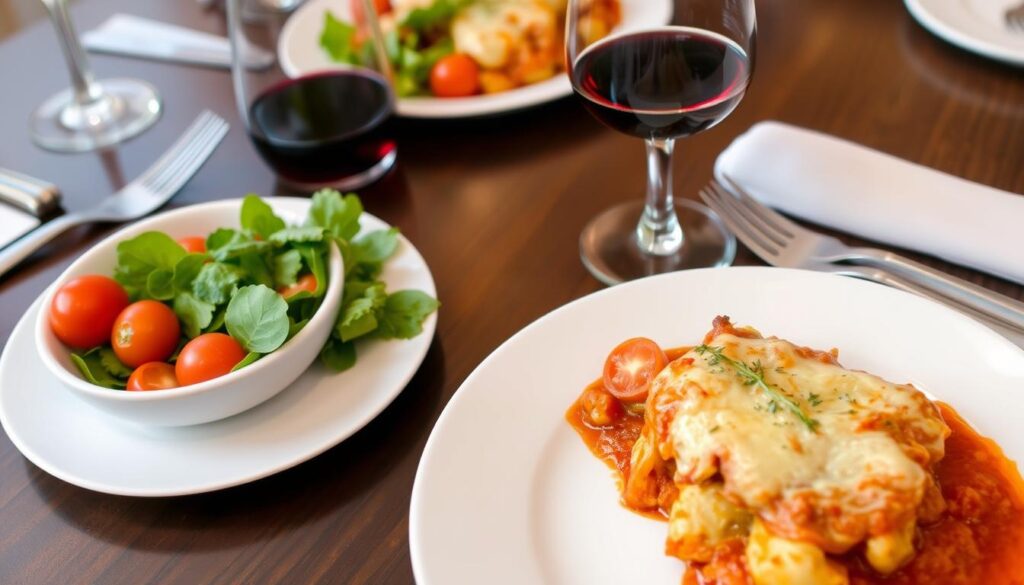 Gratin de gnocchi servi avec une salade verte et un verre de vin