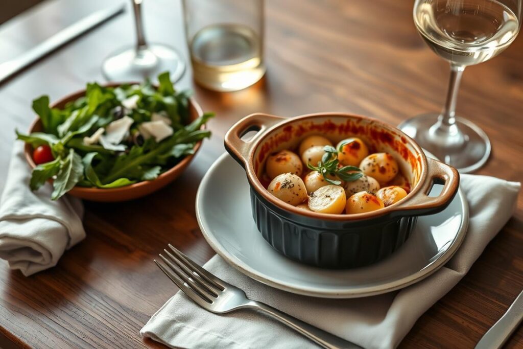 Gratin de gnocchi servi avec une salade verte et un verre de vin