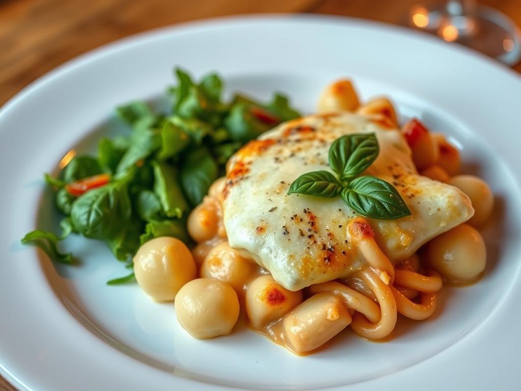 Gratin de gnocchi servi dans une assiette avec une salade verte