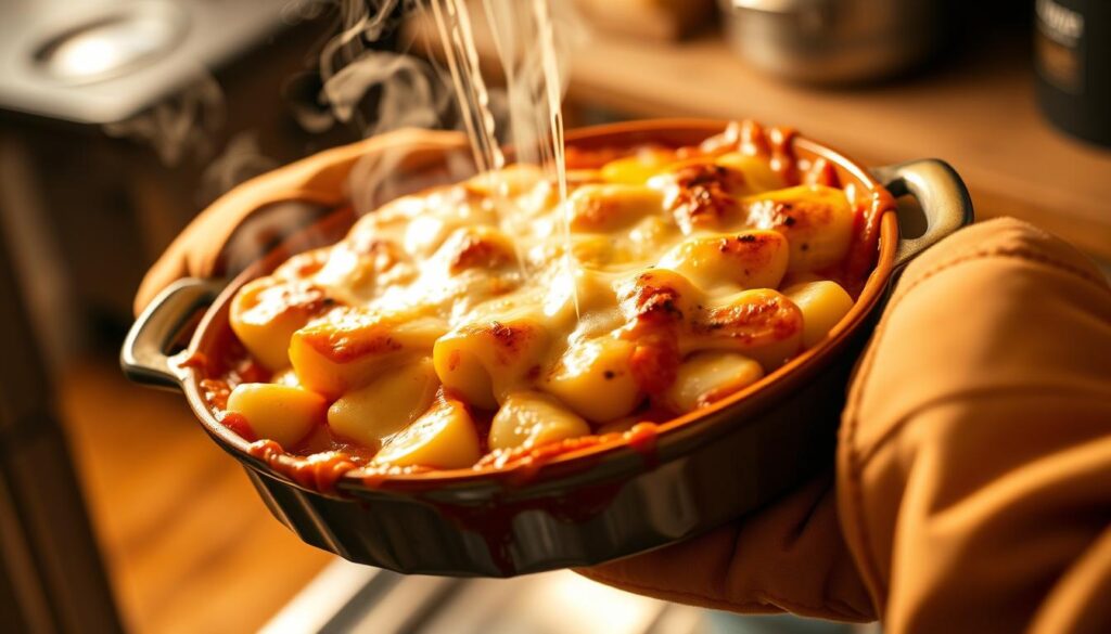 Gratin de gnocchi sortant du four, doré et bouillonnant