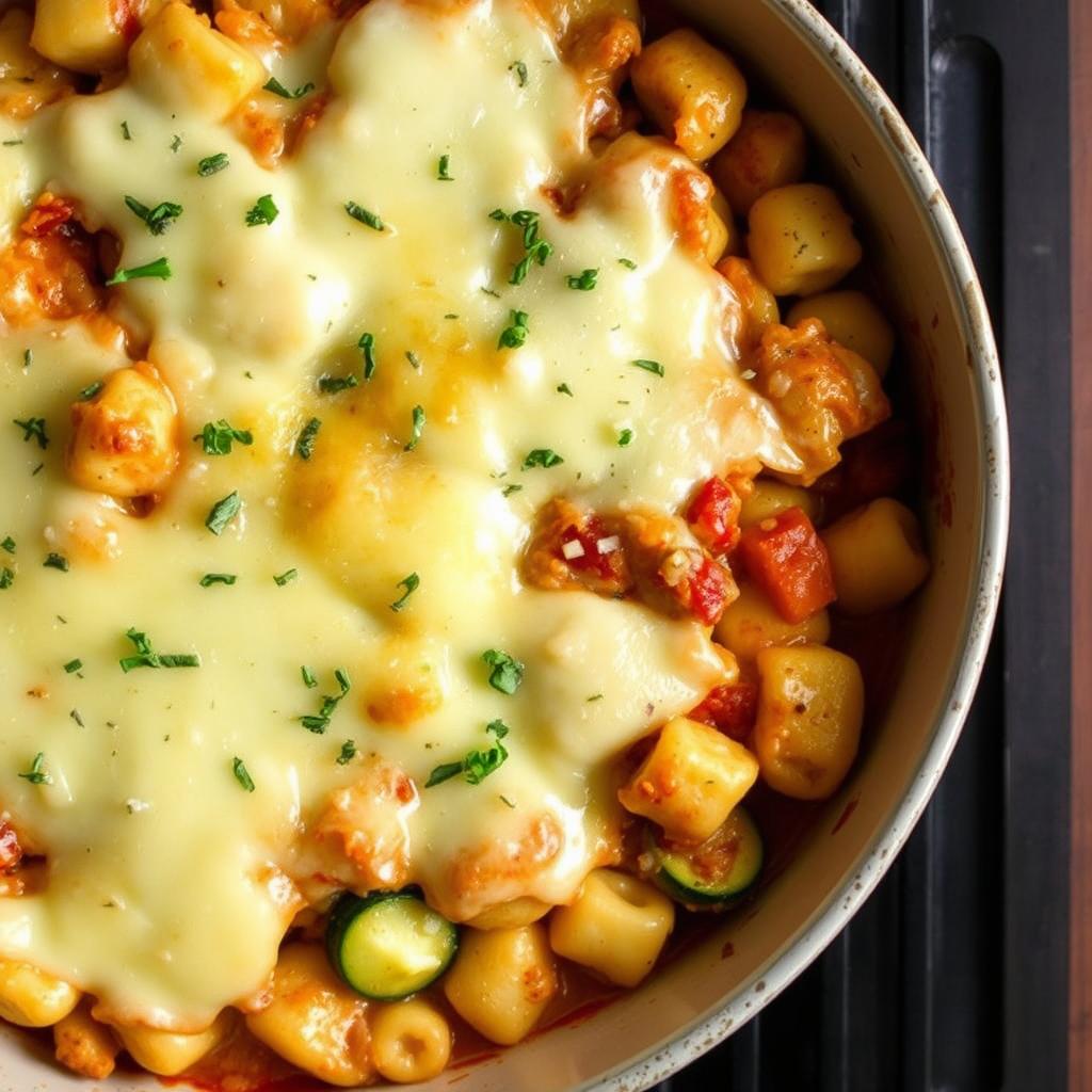 Gratin de gnocchi végétarien avec courgettes et chorizo végétal