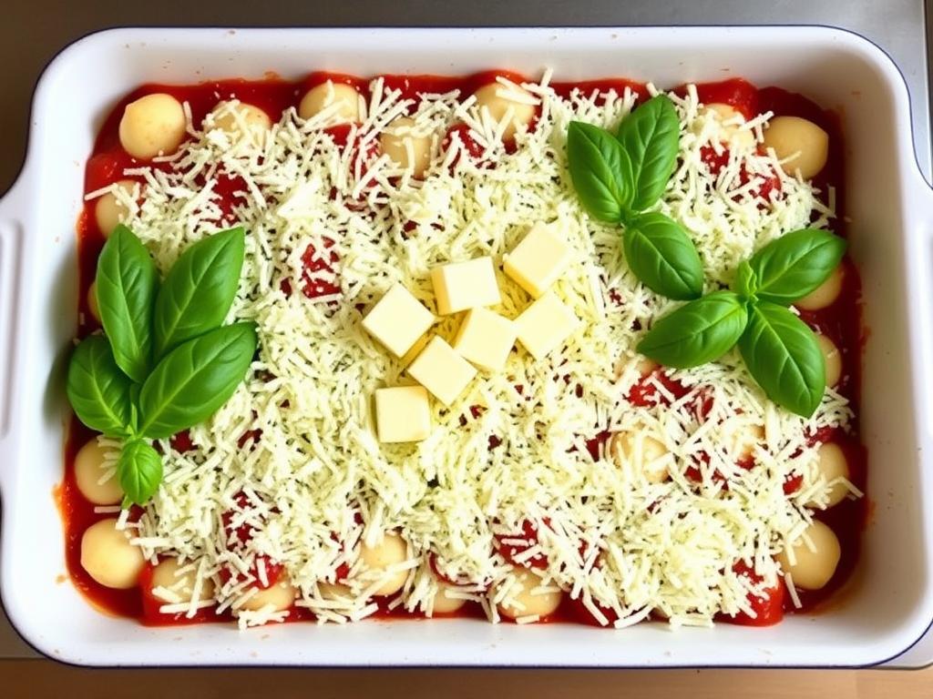 Gratin de gnocchis parsemé de fromage râpé et de basilic avant cuisson