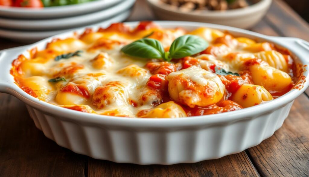 Gratin de gnocchis tomate et basilic dans un plat à gratin, doré et fumant