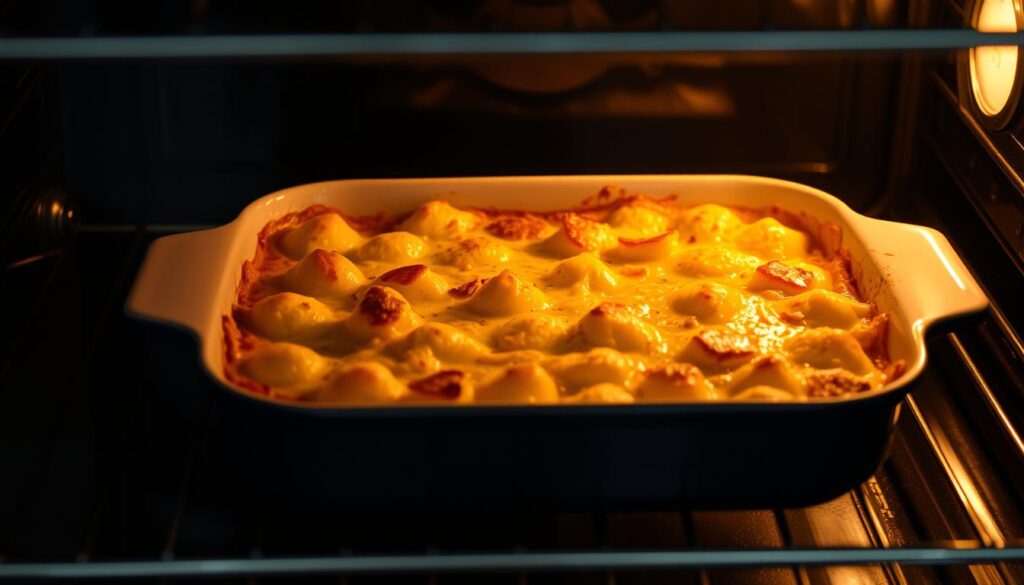 Gratin de gnocchis tomate et basilic en train de cuire au four