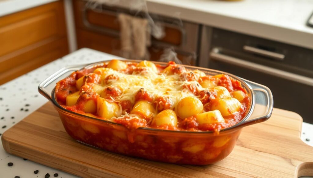 Gratin de gnocchis tomate et basilic fraîchement sorti du four