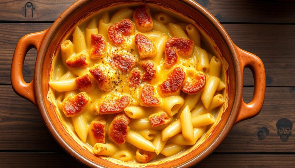 Gratin de macaroni à l'ancienne dans un plat en terre cuite avec une croûte dorée