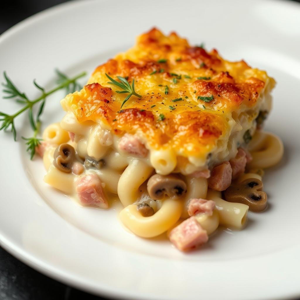 Gratin de macaroni au béchamel avec jambon et champignons