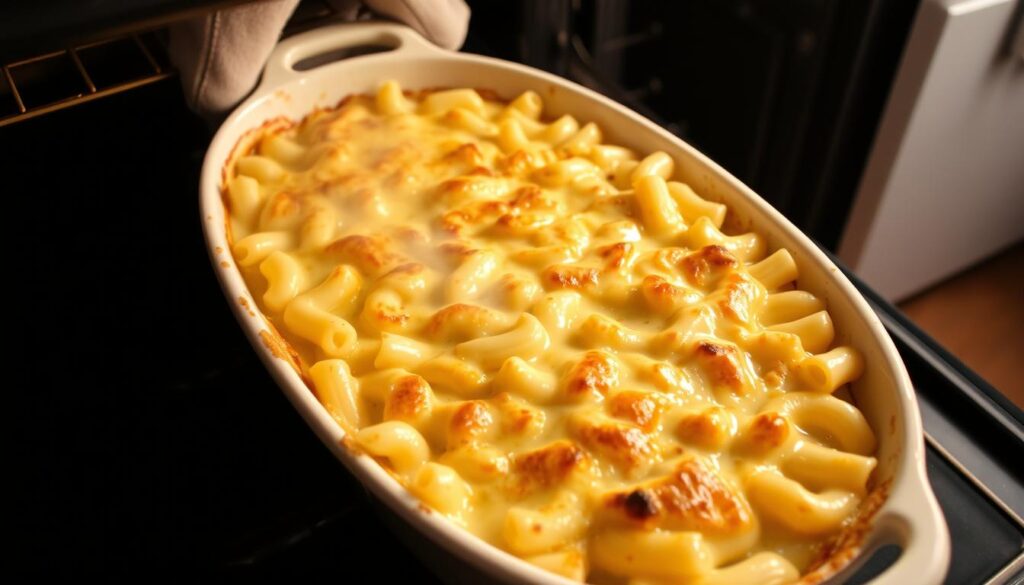 Gratin de macaroni au béchamel doré sortant du four