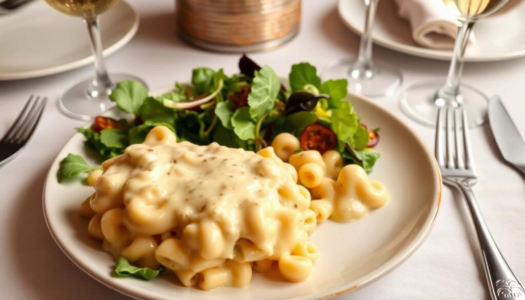 Gratin de macaroni au béchamel servi avec une salade verte