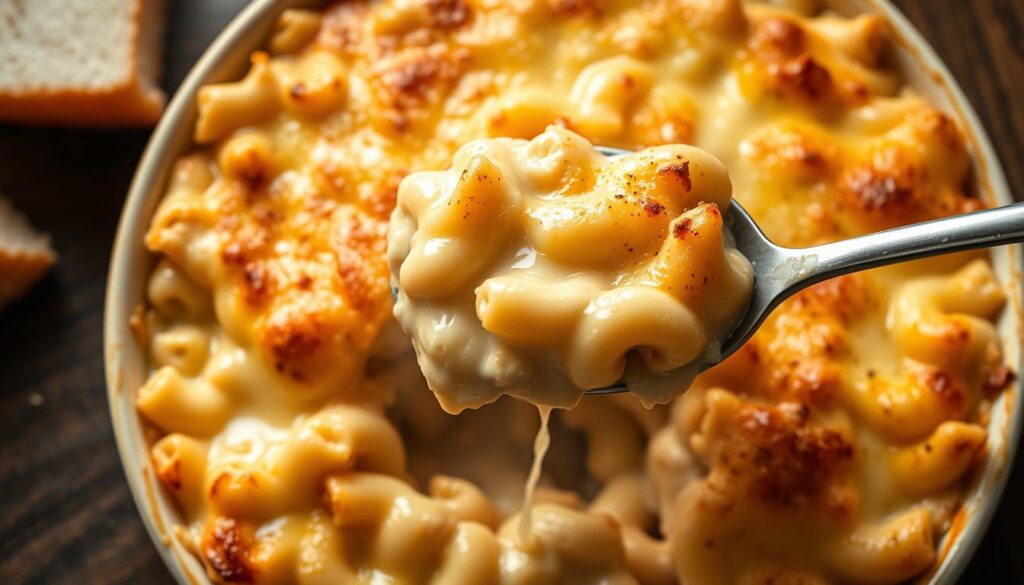 Gratin de macaroni au béchamel servi dans un plat à gratin