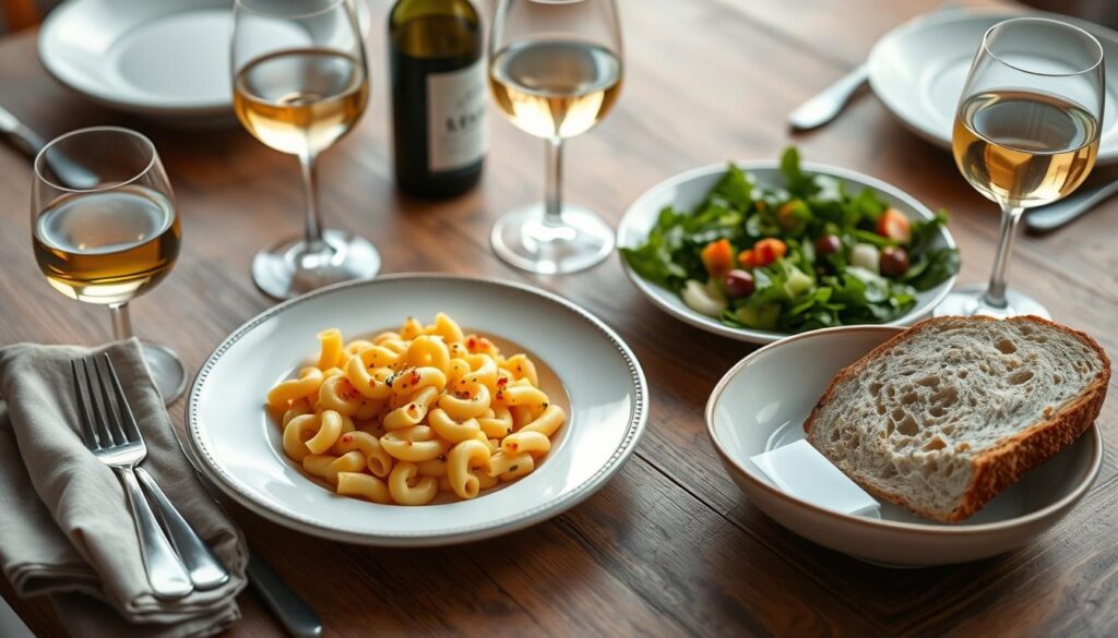 Gratin de macaroni au fromage servi avec une salade verte et un verre de vin blanc