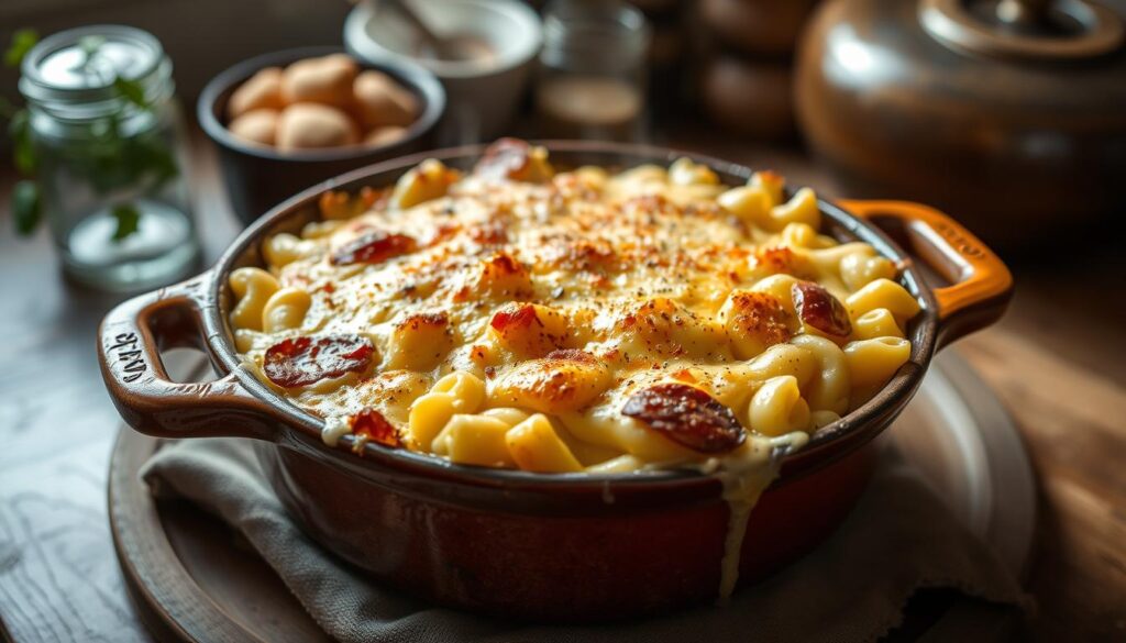 Gratin de macaroni au fromage traditionnel dans un plat en terre cuite