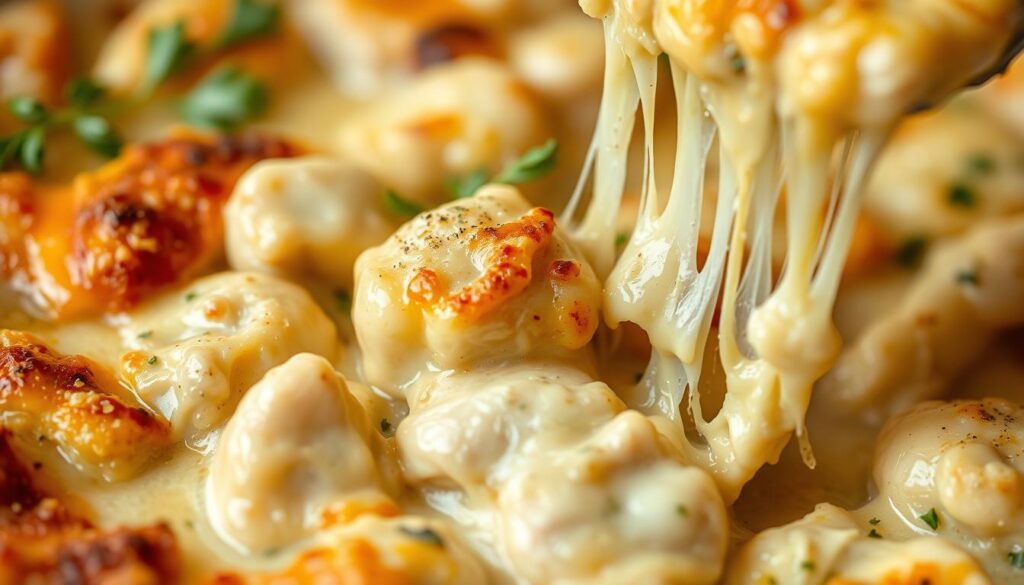 Gros plan sur la texture parfaite d'un gratin de gnocchi au poulet