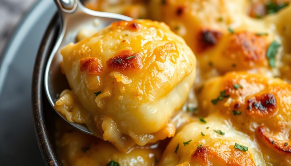 Gros plan sur un gratin de gnocchi au four parfaitement doré