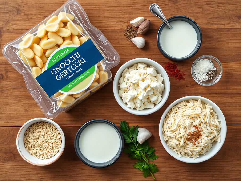 Ingrédients disposés pour préparer un gratin de gnocchi à la crème