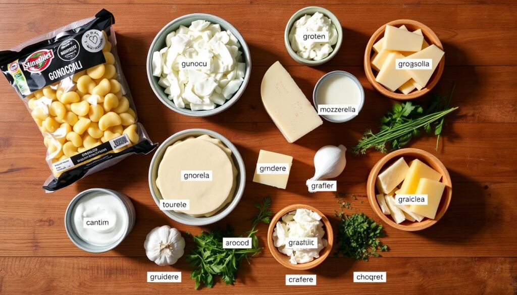 Ingrédients disposés pour préparer un gratin de gnocchi au fromage