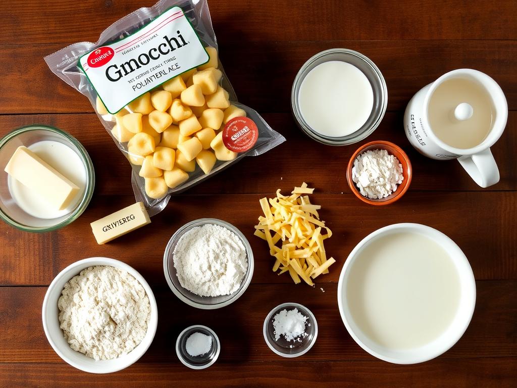 Ingrédients disposés pour préparer un gratin de gnocchi béchamel