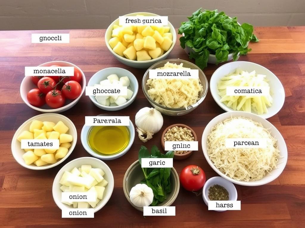 Ingrédients pour la recette de gnocchi en gratin disposés sur un plan de travail