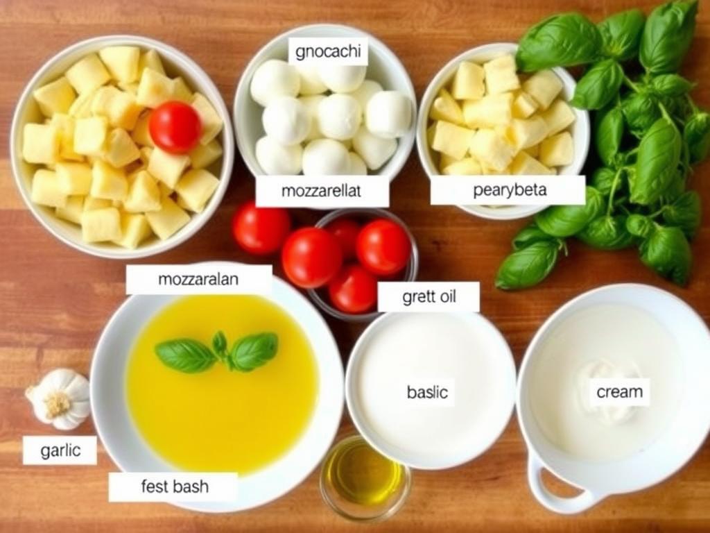 Ingrédients pour le gratin de gnocchi à l'italienne disposés sur un plan de travail