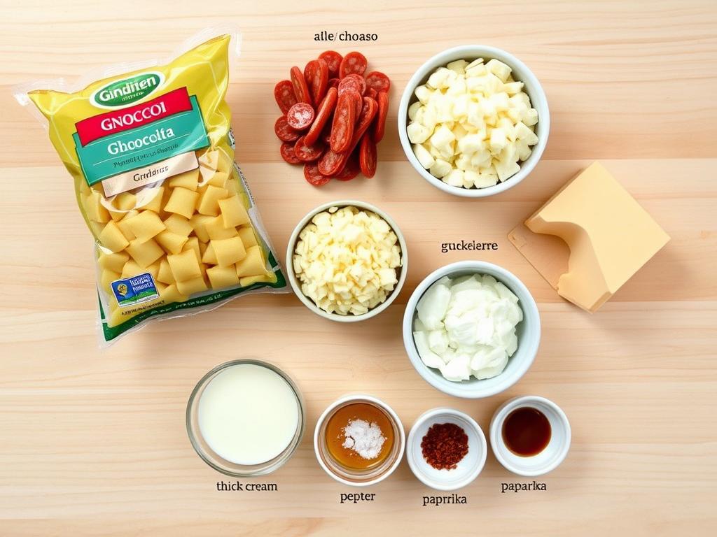 Ingrédients pour le gratin de gnocchi au chorizo disposés sur un plan de travail