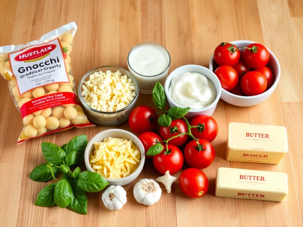 Ingrédients pour le gratin de gnocchi au four disposés sur un plan de travail en bois