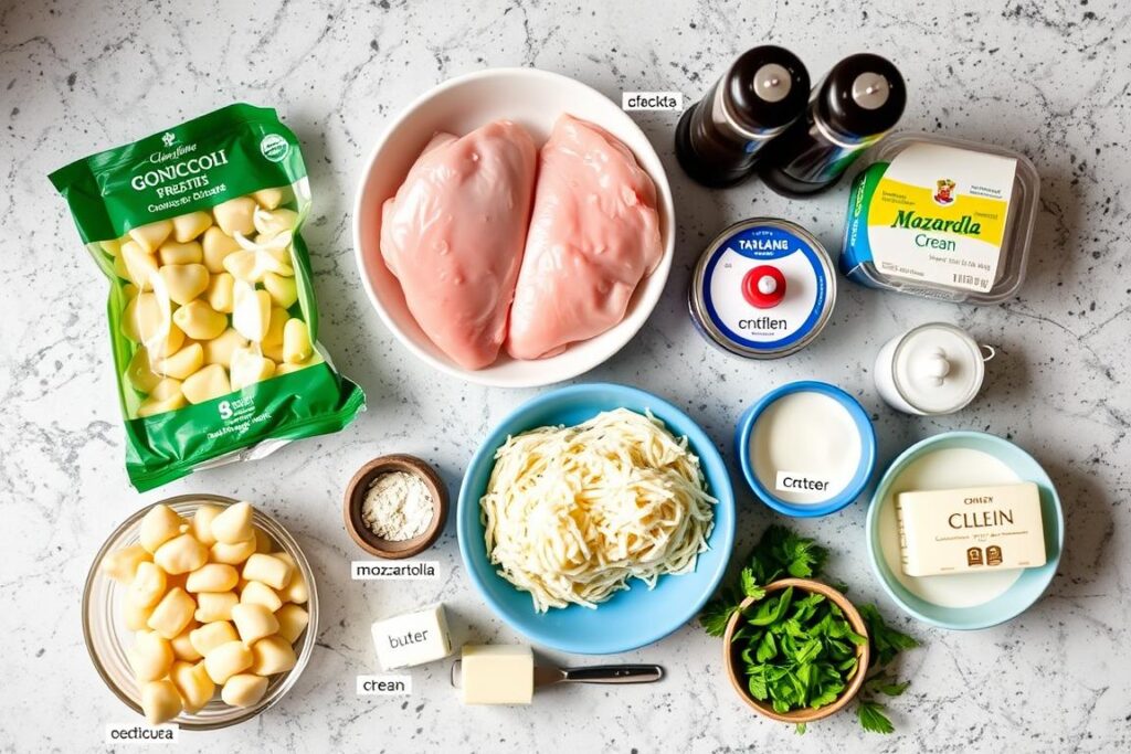 Ingrédients pour le gratin de gnocchi au poulet disposés sur un plan de travail